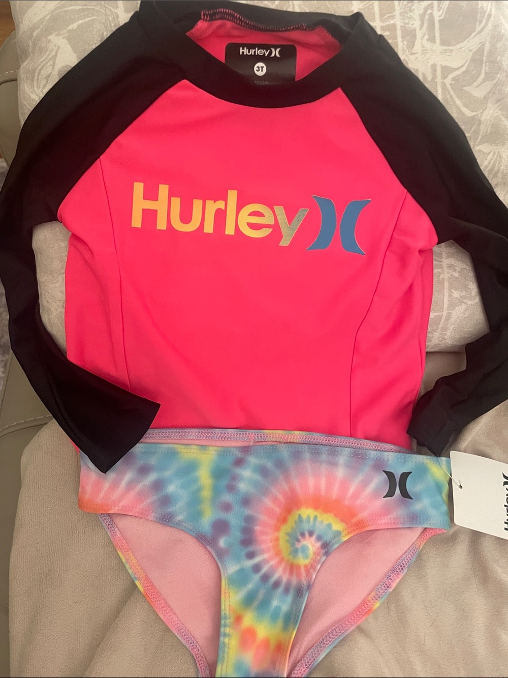 Hurley Pink and Black Girls' Long Sleeve Rash Guard with Tie-Dye Bikini Bottoms